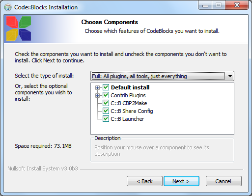 Wybór komponentów podczas instalacji środowiska Code::Blocks.