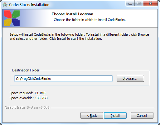 Wybór miejsca instalacji środowiska Code::Blocks.