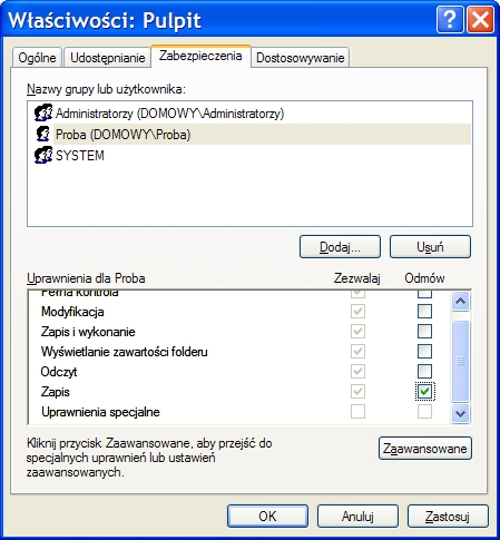 Windows XP - blokowanie możliwości zapisu na pulpicie