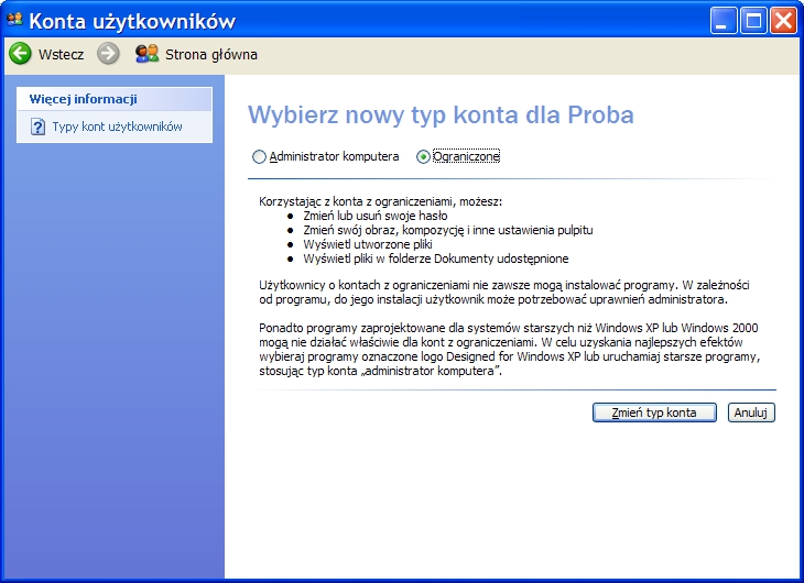 Windows XP - typ konta