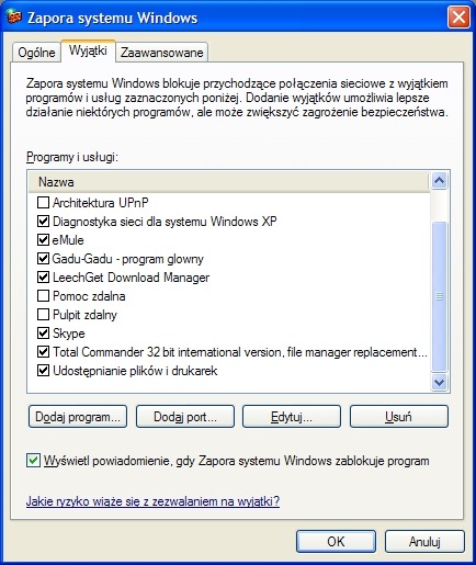 Zapora Windows XP - uprawnienia aplikacji