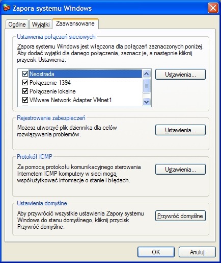 Zapora Windows XP - typ połączenia sieciowego