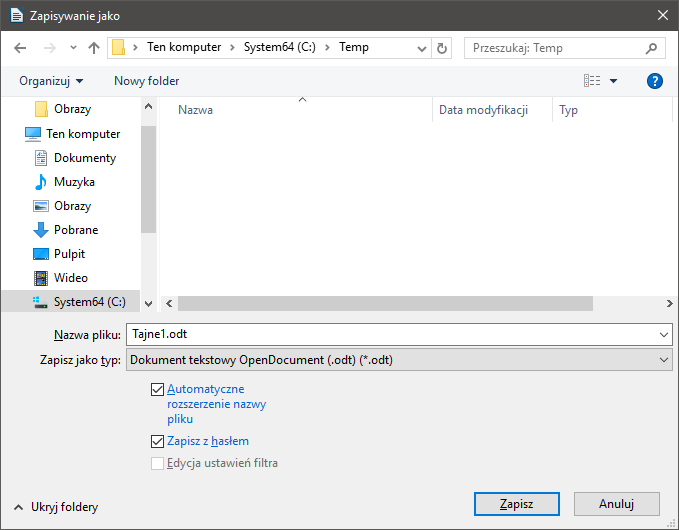 LibreOffice Writer - zapis z hasłem
