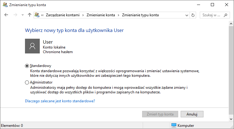 Windows 10 - zmiana typu konta