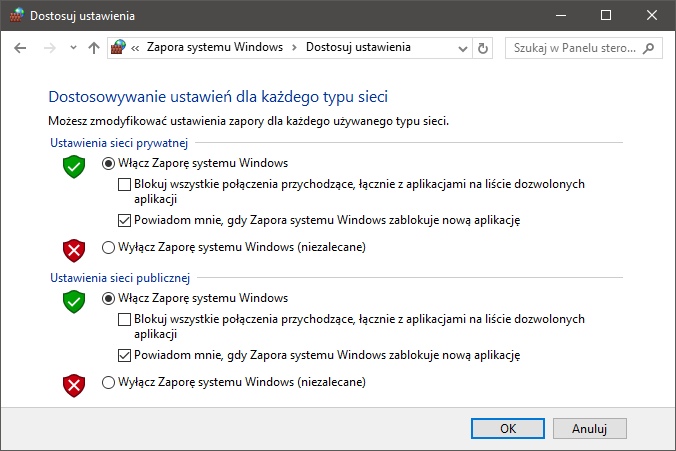 Dostosowanie ustawień zapory Windows